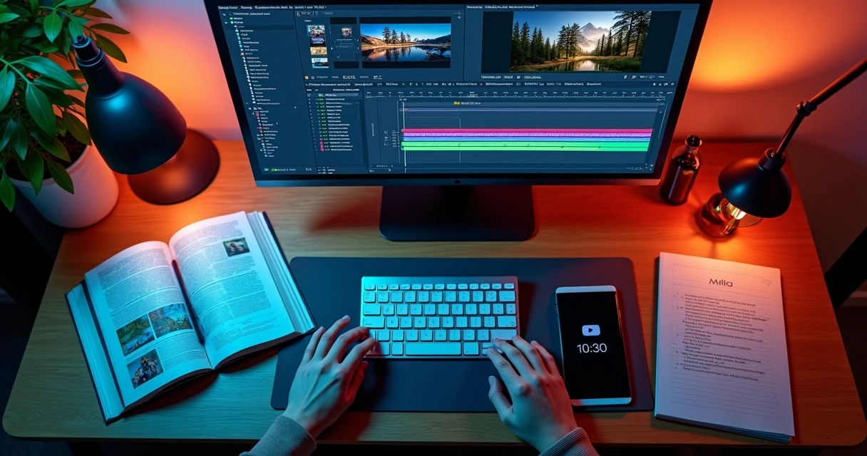 Configuração de canal em computador, iluminação suave, diversos elementos de edição digital 