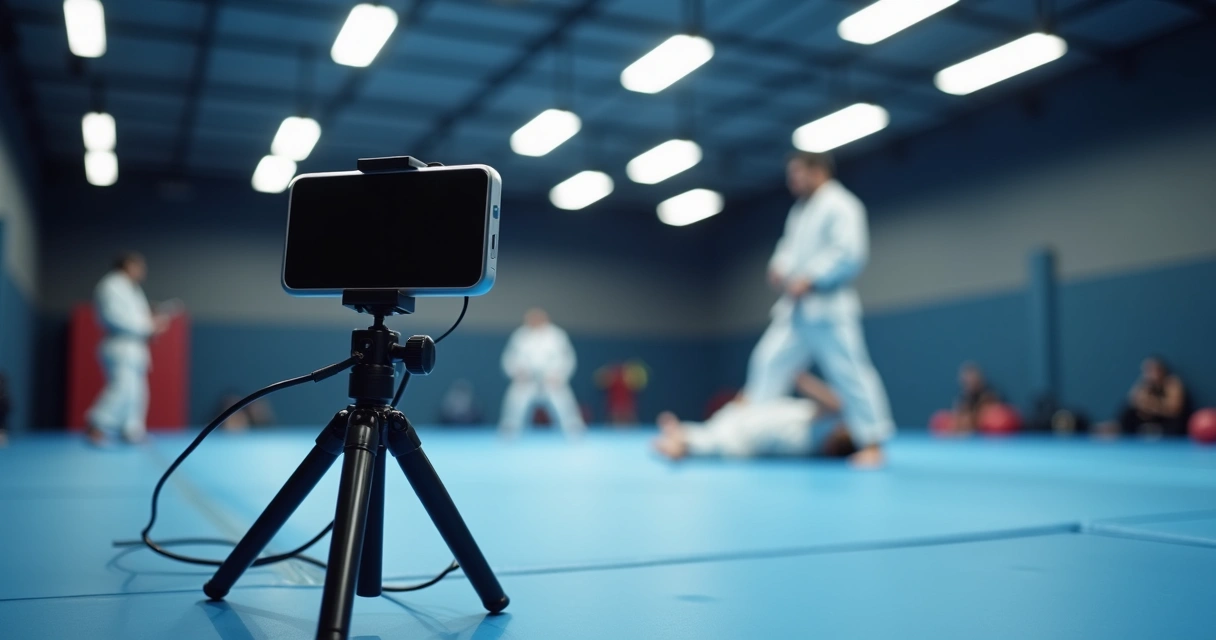 Celular em tripé filmando tatame em academia de Jiu-Jitsu 
