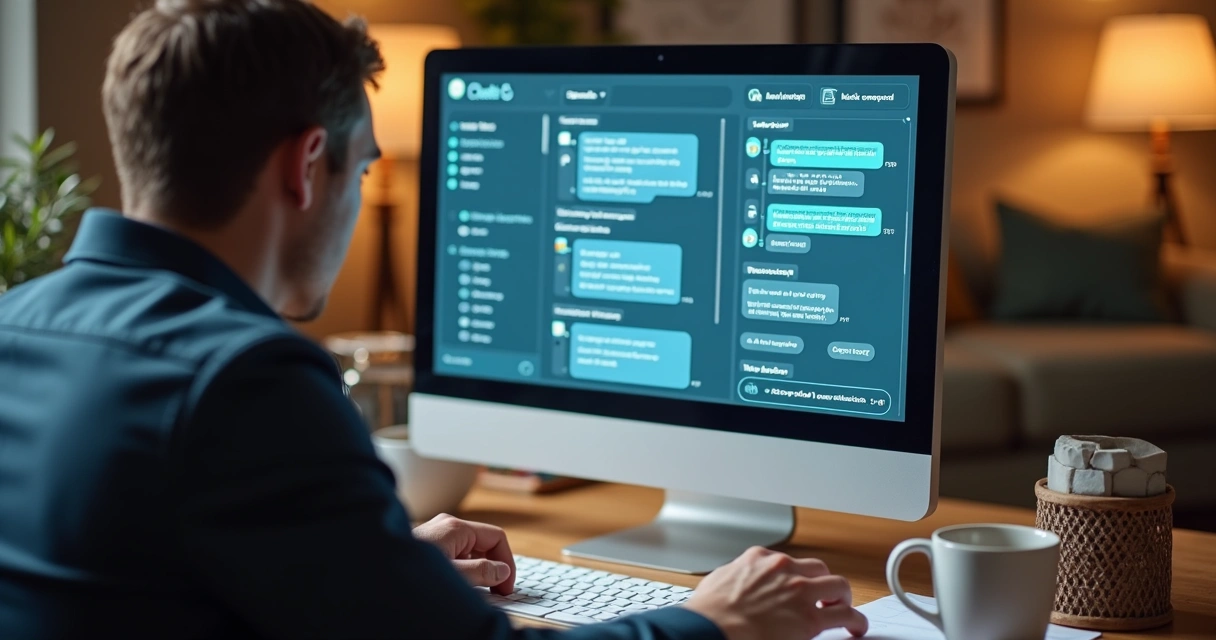 Empresário ajustando chatbot no computador 