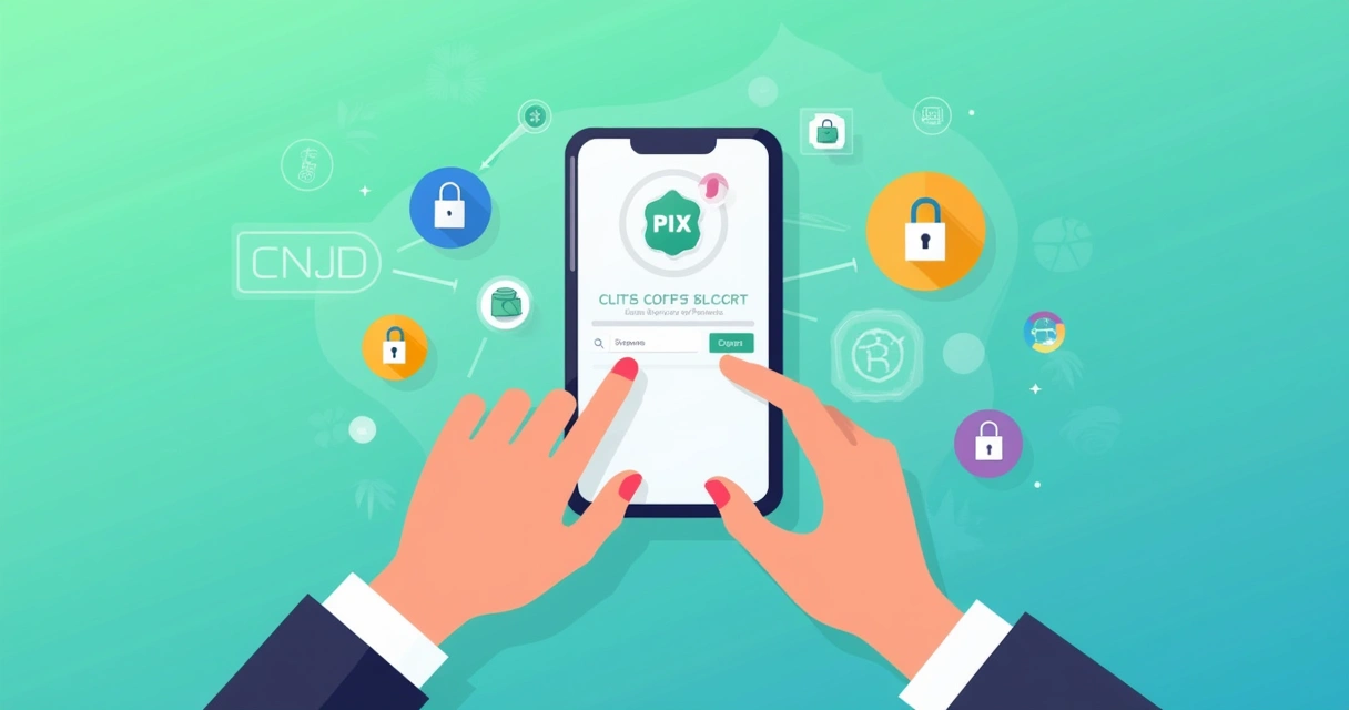 Representação de chave Pix em smartphone com ícones de segurança ao redor.