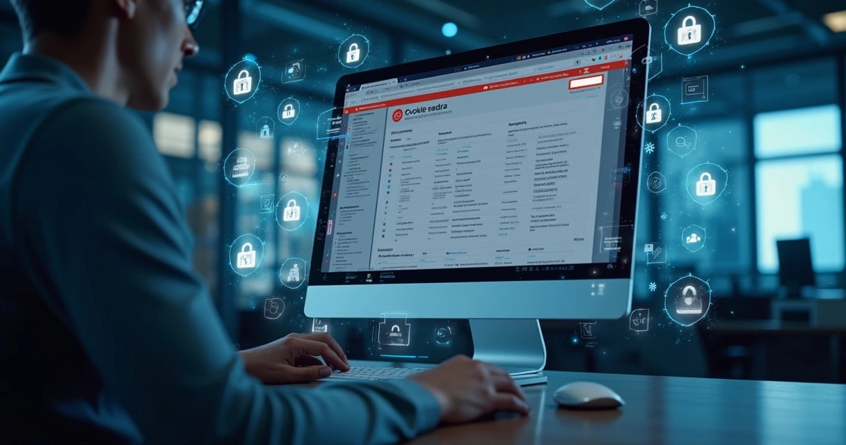 Tela de computador mostrando configurações de consentimento de cookies com alertas de erro e ícones de segurança digital ao redor 