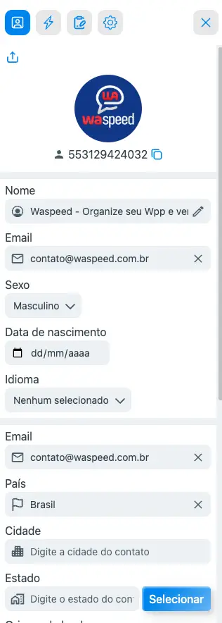 Tela de configuração com dados pessoais e contatos no aplicativo WaSpeed.