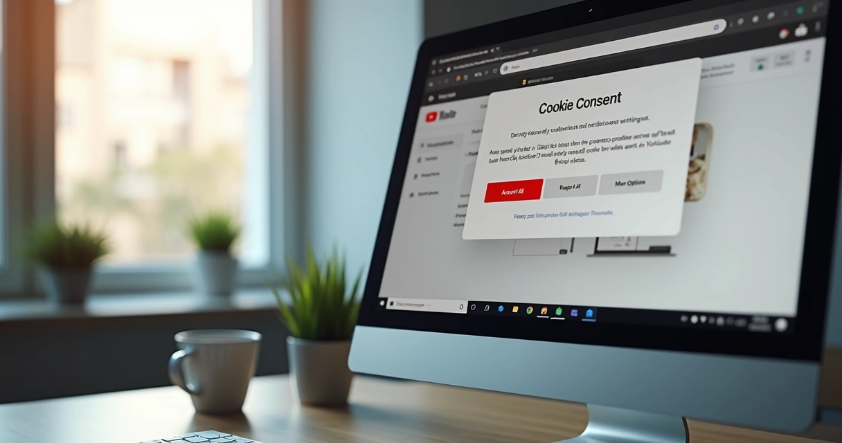 Tela do YouTube mostrando opções de configuração de cookies, com botões ‘Aceitar tudo’, ‘Recusar tudo’ e ‘Mais opções’ visíveis na interface 