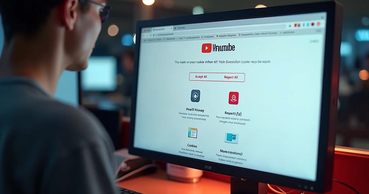 Tela digital mostrando opções para configurar cookies e privacidade no YouTube com ícones coloridos e interface clara 