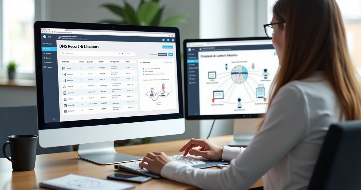 Profissional configurando DNS em painel com domínio de cliente no laptop 