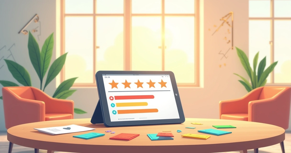 Configuração tranquila para feedback do cliente com tablet e notas adesivas coloridas.