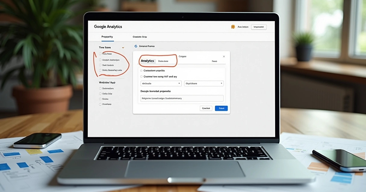Tela de configuração de propriedade no Google Analytics, com campos destacados 