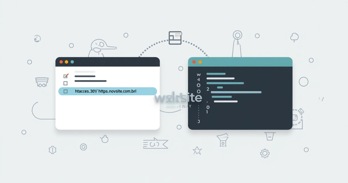 Configuração de redirecionamento no arquivo .htaccess aberta em ambiente de navegador e terminal 