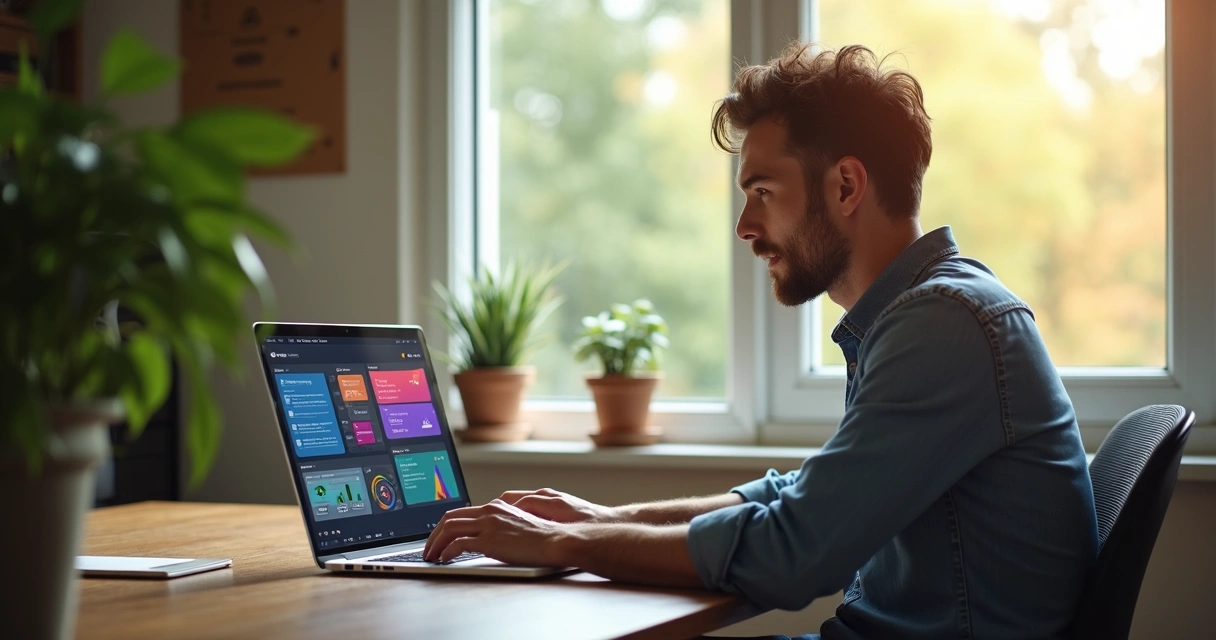 Empresário simples personalizando IA no notebook 