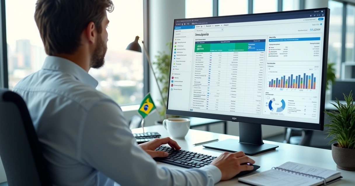 Analista fiscal configurando IBS e CBS em nota fiscal eletrônica em dashboard financeiro 
