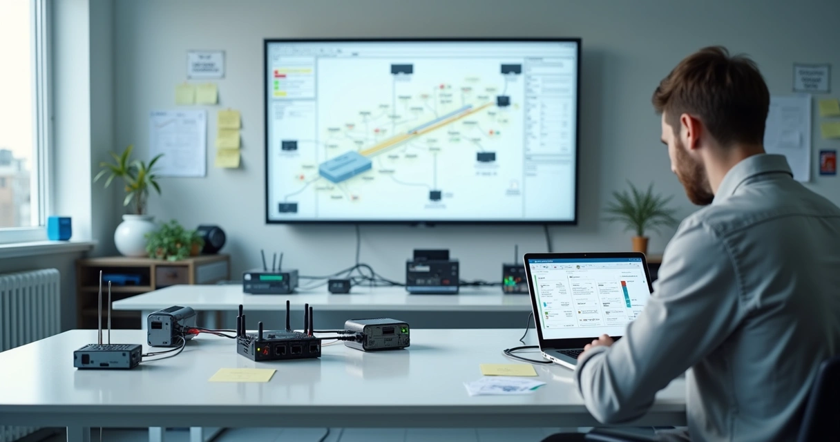 Engenheiro configura dispositivos IoT em bancada com diagramas na tela ao fundo 