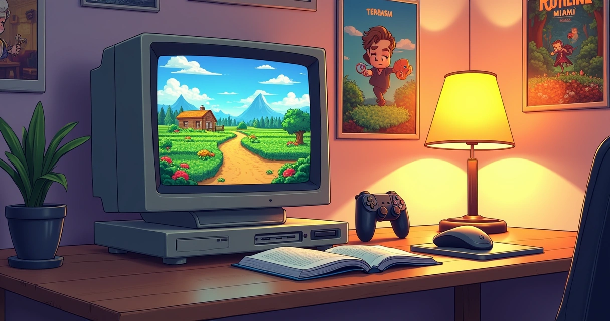 Configuração de jogos acolhedora com computador vintage e cenas de jogos populares como Stardew Valley e Terraria.