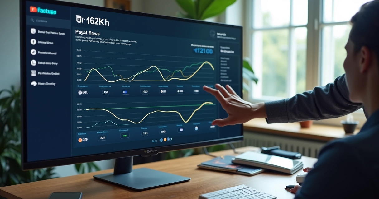 Painel financeiro mostrando várias moedas e métodos de pagamento ao lado de uma tela de computador. 