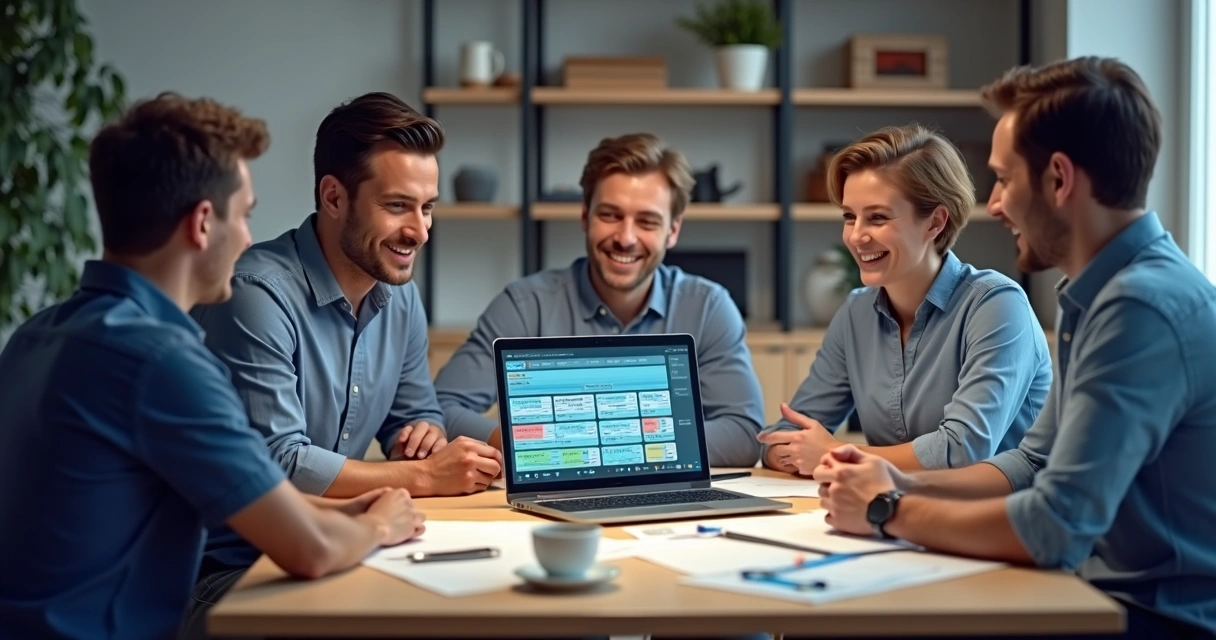 Equipe reunida configurando sistema PDV modular em computador 