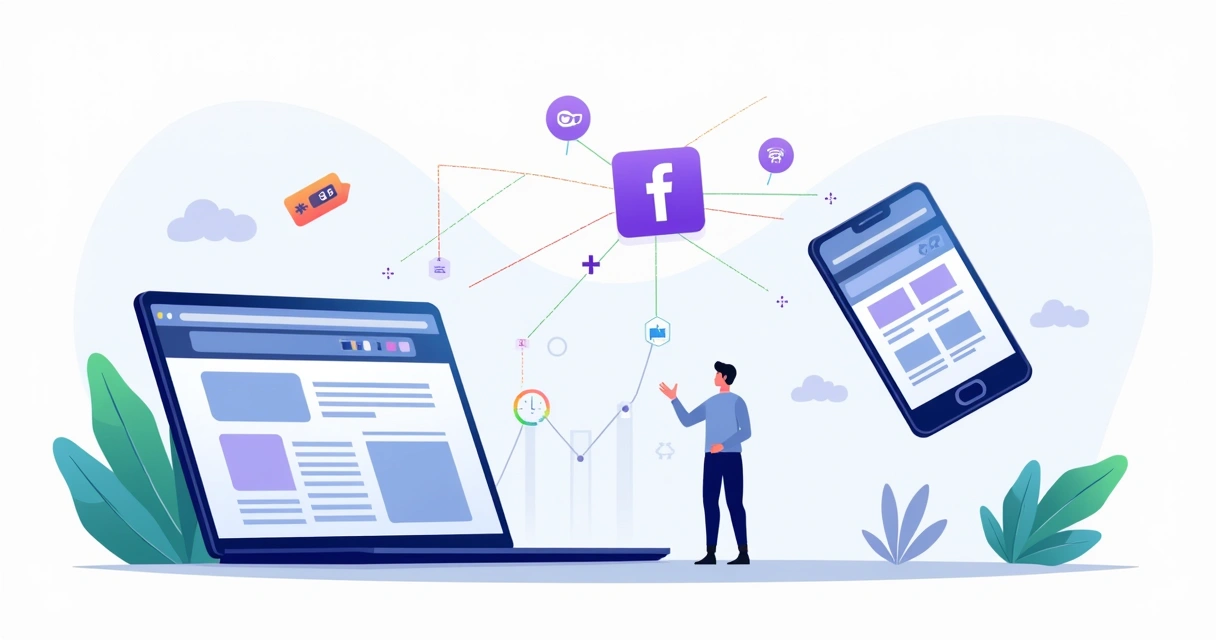Tela ilustrada conectando o Pixel do Facebook a um site do GreatPages 