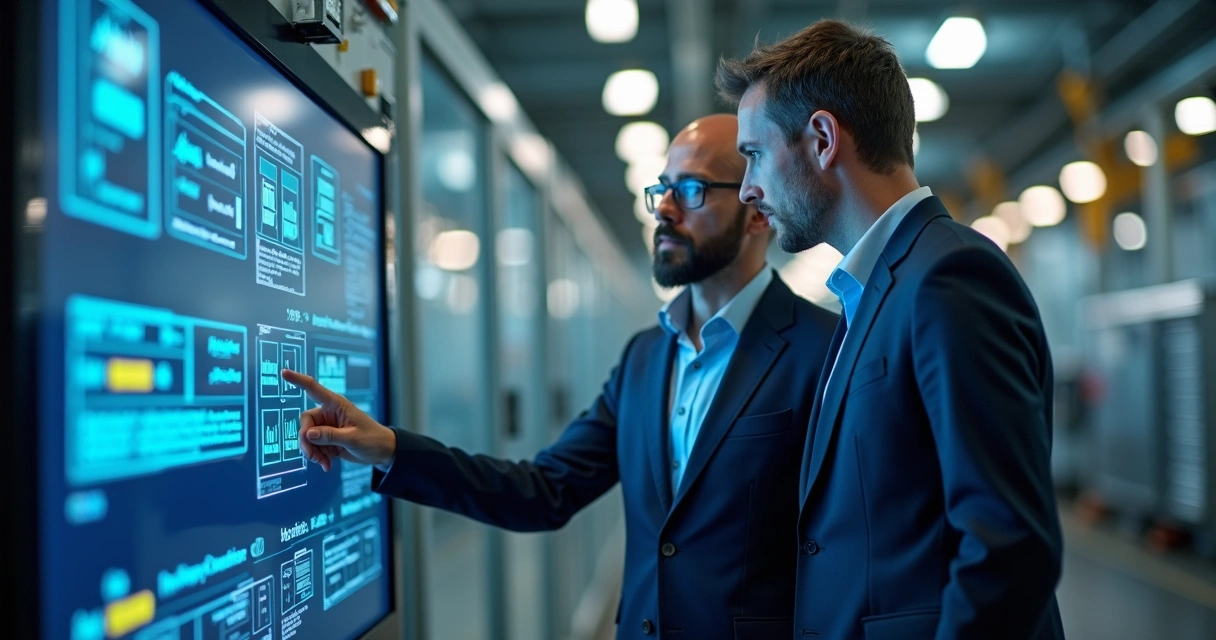 Tela de configuração do Prelix em ambiente industrial, com equipe reunida acompanhando painel digital 