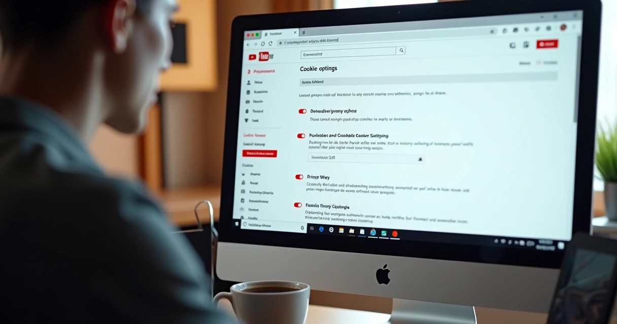 Painel de configurações de privacidade de cookies do YouTube. 