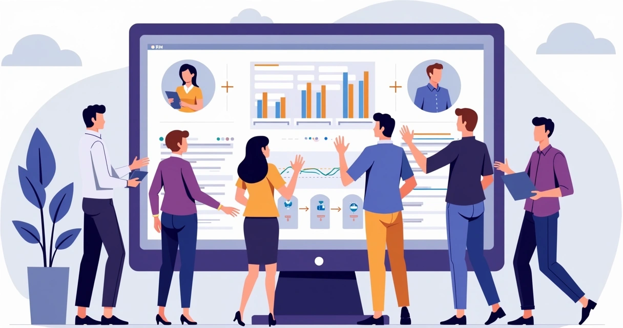 Equipe ao redor de uma tela configurando PRM com gráficos e ícones de canais de vendas. 