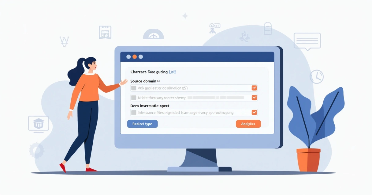 Tela visual de configuração de redirecionamento de domínio, com campos para preenchimento e opções de tipo de redirecionamento 