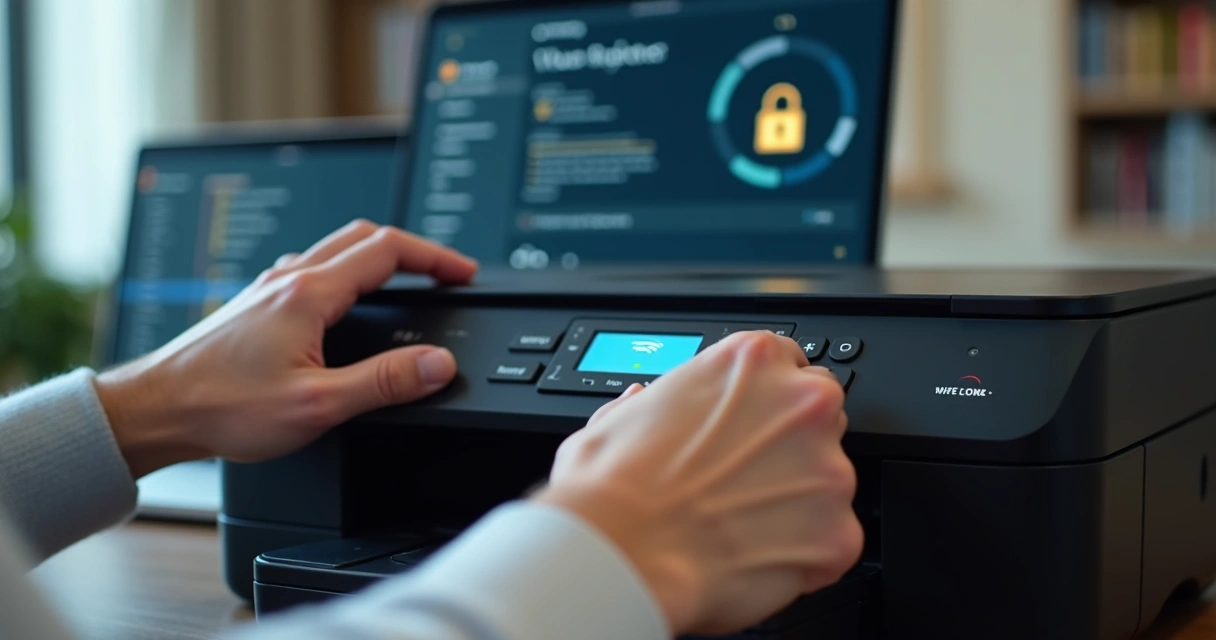 Pessoa configurando impressora Wi-Fi com segurança 