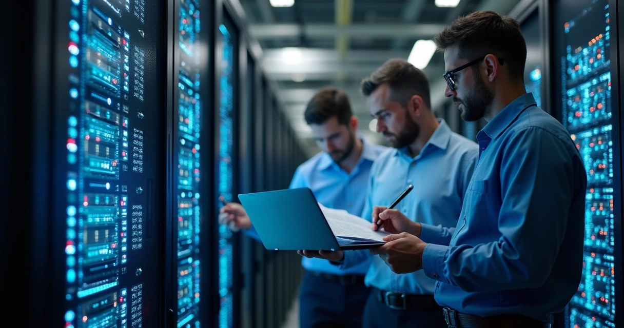 Equipe de TI ajustando servidor em sala climatizada 