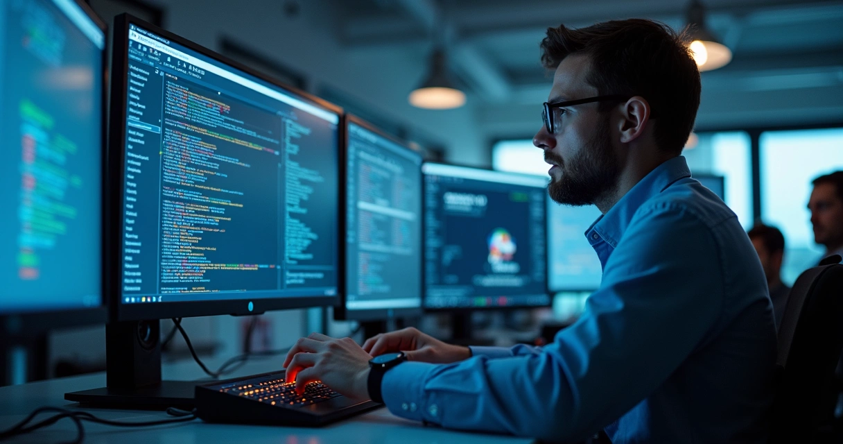Adminstrador de TI configurando roteador VPN em escritório moderno 