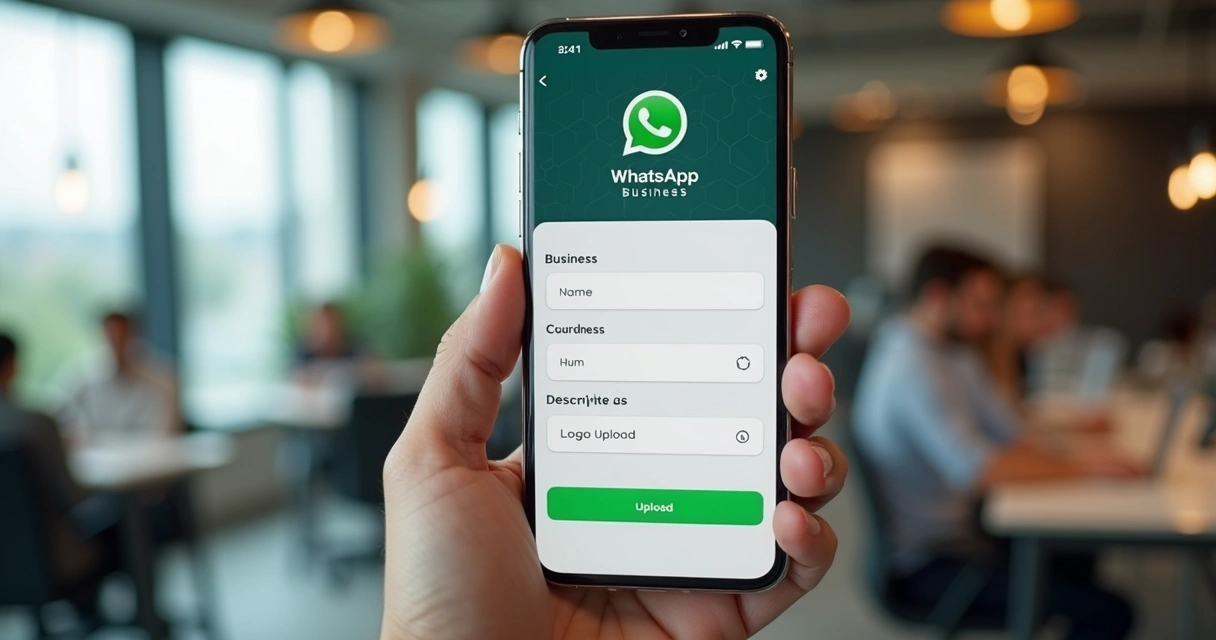 Celular com tela de configuração de perfil empresarial no WhatsApp 