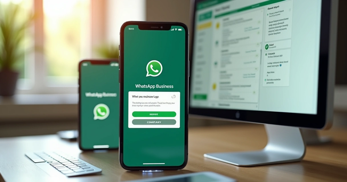 Configuração do WhatsApp Business em smartphone e desktop, com tela de cadastro da empresa 