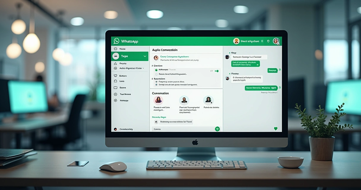 Flujo visual de configuración de agente de Whatsapp con paneles y opciones IA 