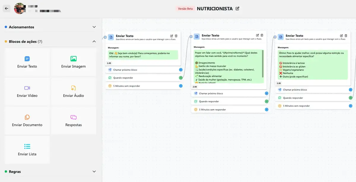 Pantalla de configuración de flujos automáticos de mensajes para nutricionistas en plataforma CRM para WhatsApp