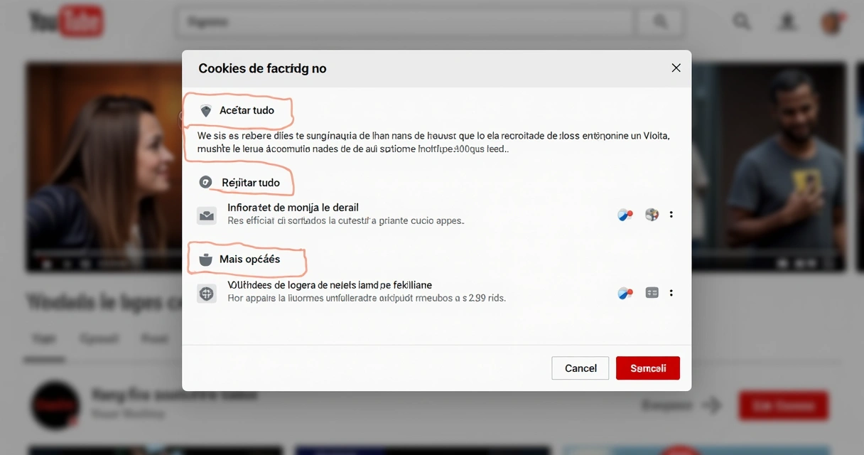 Tela de configurações de cookies do YouTube, mostrando opções de privacidade 