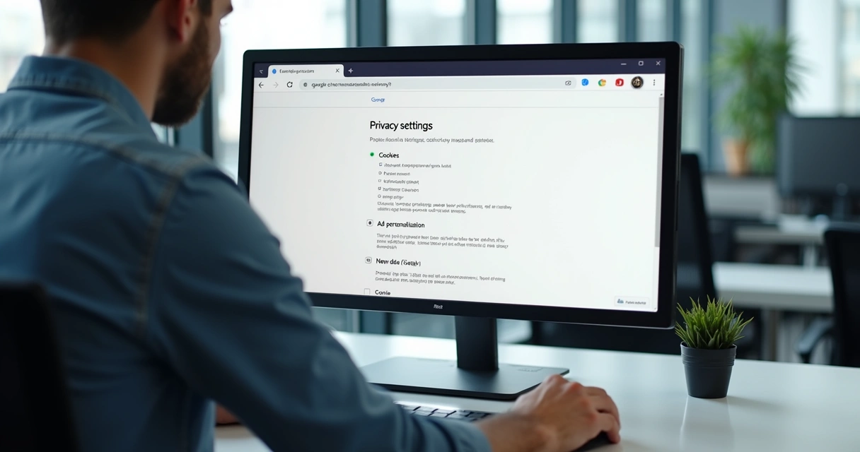 Tela de computador exibindo painel de configurações de privacidade do Google 