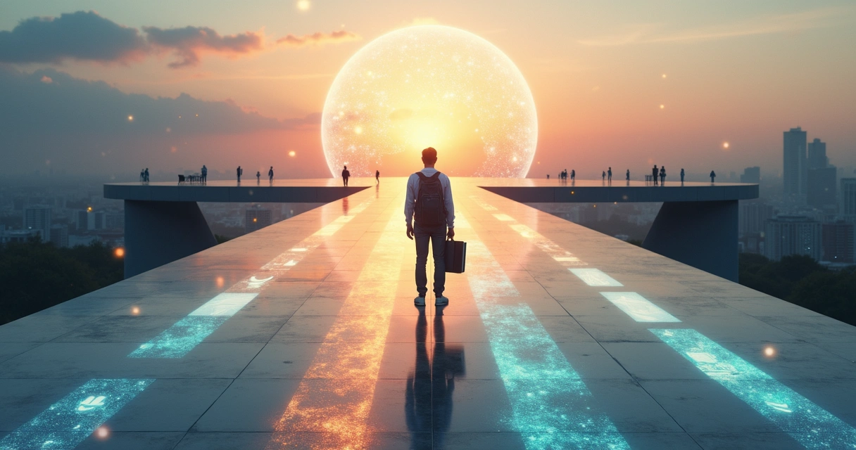 Pessoa em encruzilhada profissional observando conexões sistêmicas ao redor 