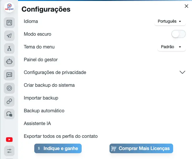 Tela de configurações do WaSpeed com opções de idioma, modo escuro e assistente IA