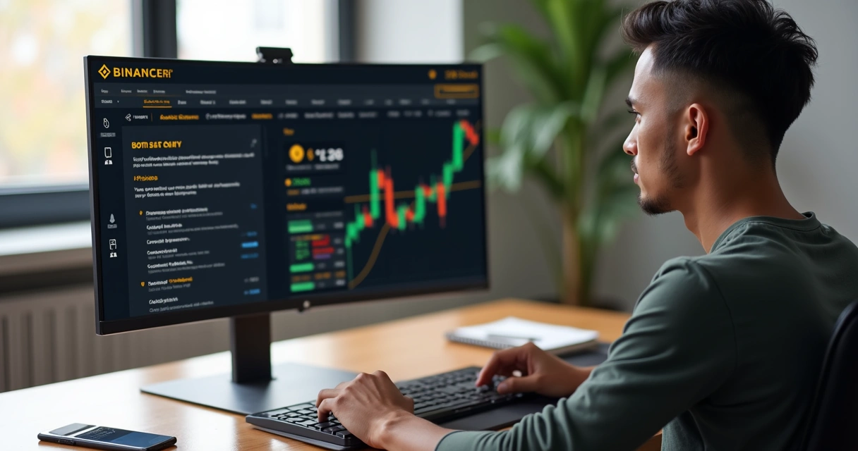 Usuário configurando bot da Binance na tela do computador