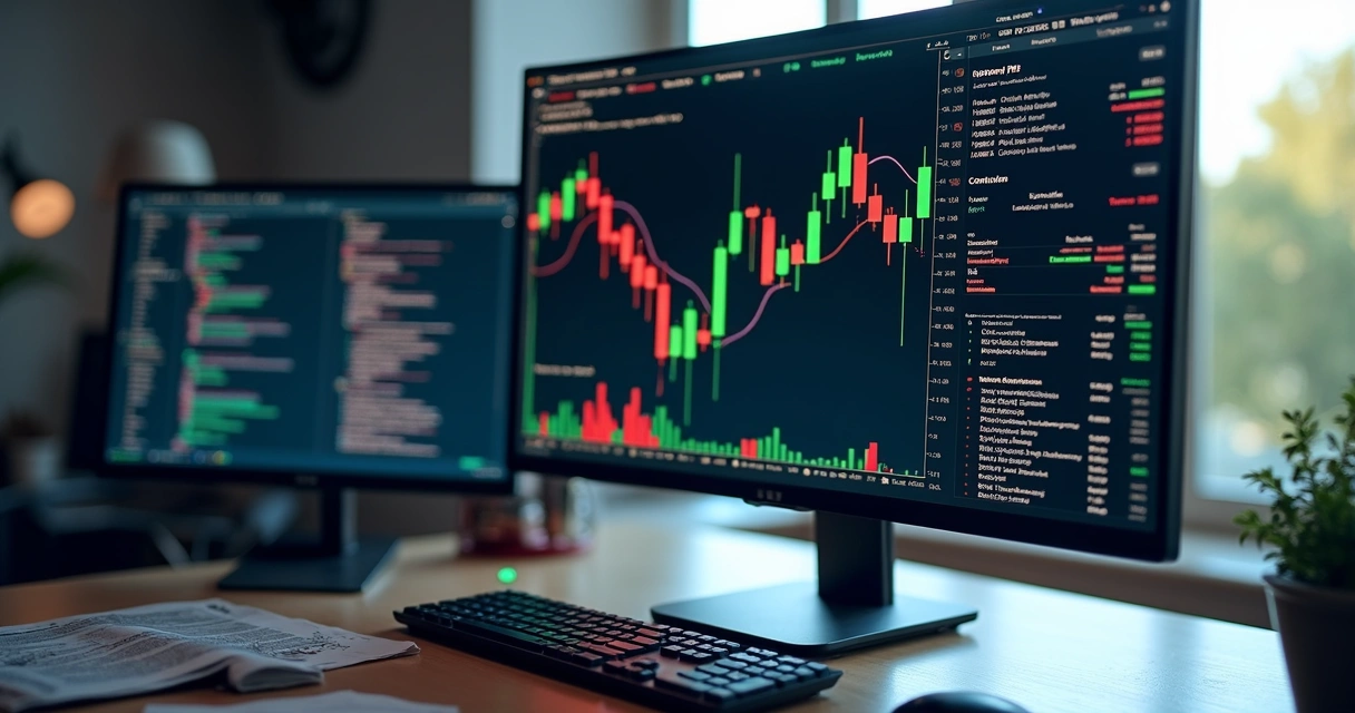 Tela de computador mostrando configuração de bot de trading em exchange com gráficos e códigos 
