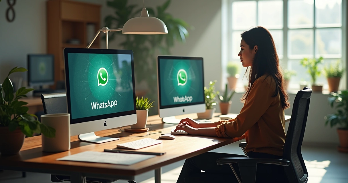 Tela de configuração de canais WhatsApp e Instagram em uma mesa de escritório 