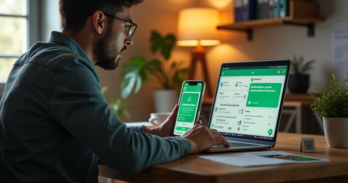 Pequeno empresário configurando cobranças automáticas pelo WhatsApp no notebook 