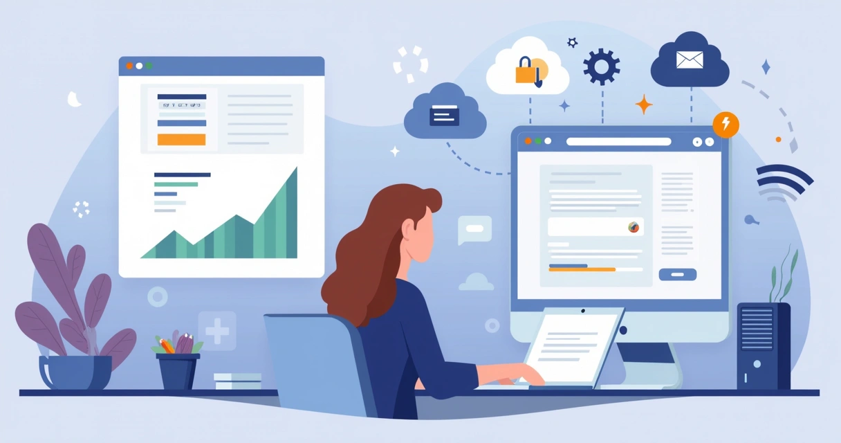 Ilustração de pessoa configurando domínio e hospedagem em um painel online 