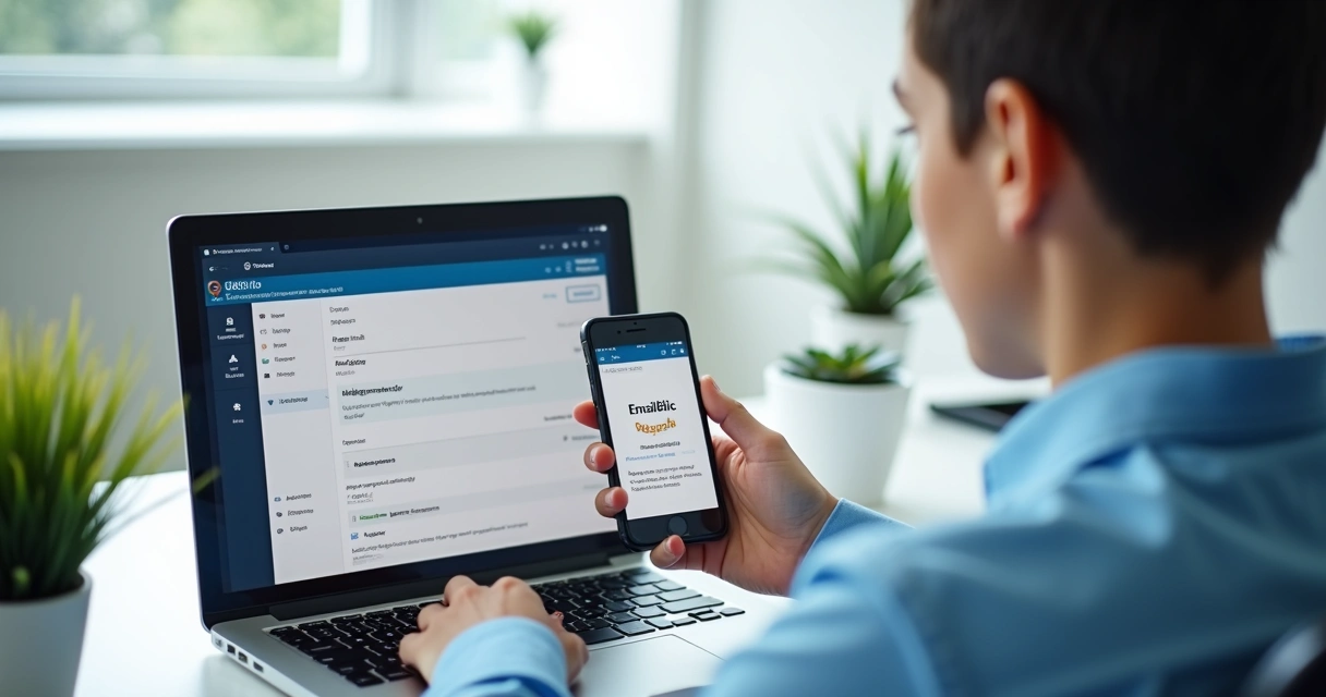 Pessoa configurando email corporativo no notebook e no celular 