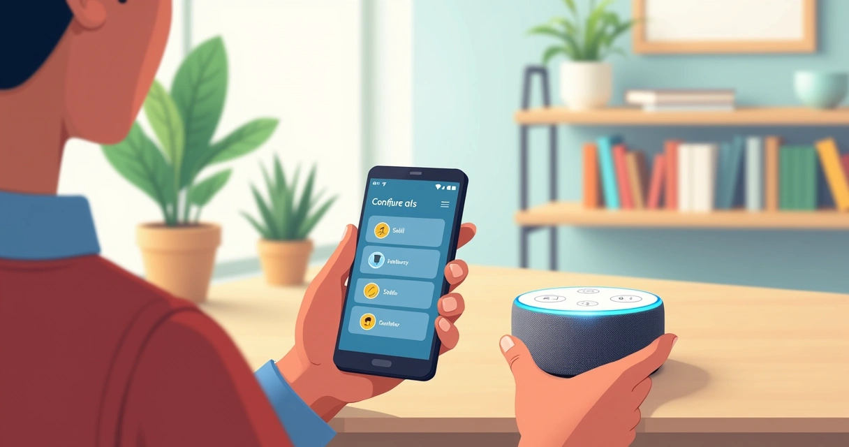 Configuração de skills no Echo Dot com smartphone próximo 
