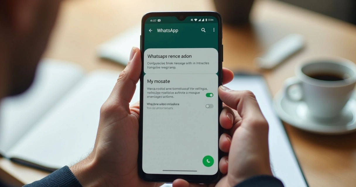 Pessoa configurando mensagens automáticas no WhatsApp Business em um smartphone 