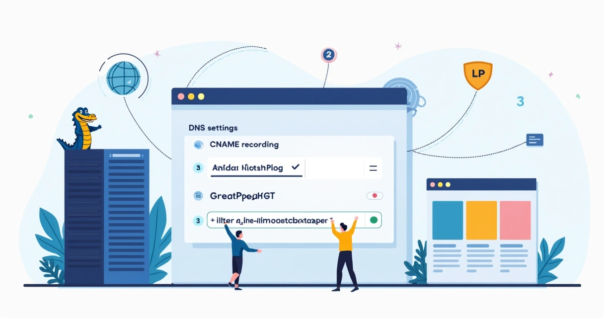 Ilustração de passo a passo para configurar subdomínio entre HostGator e GreatPages 