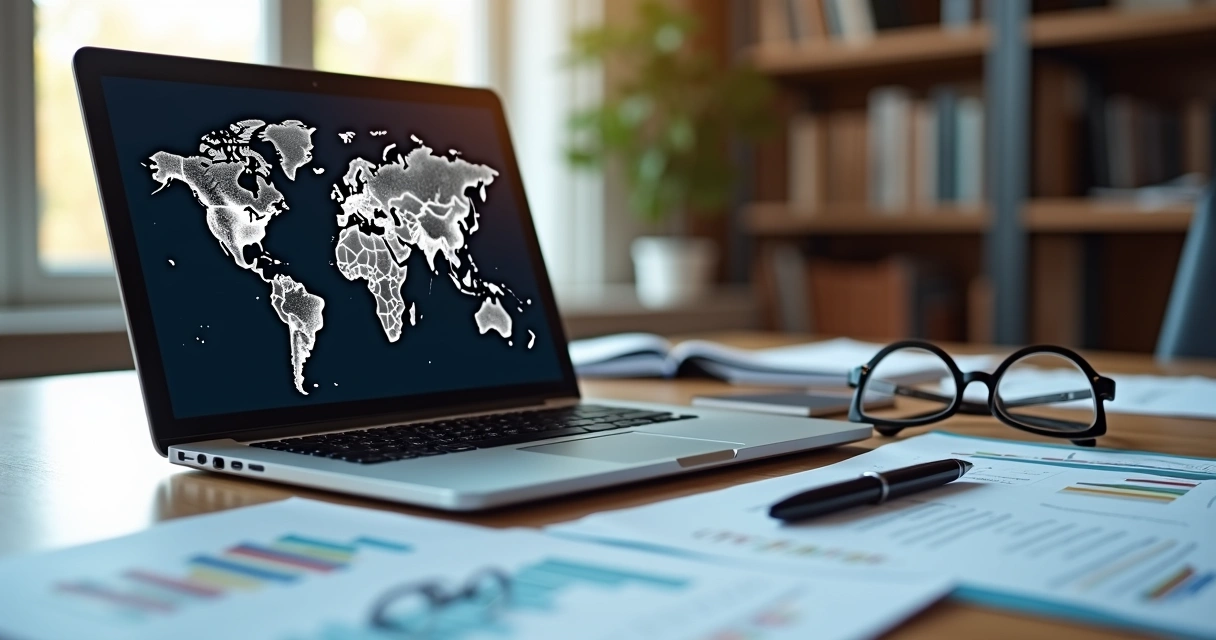 Mesa de escritório com documentos jurídicos, laptop aberto mostrando mapa do mundo e gráfico financeiro ao fundo 