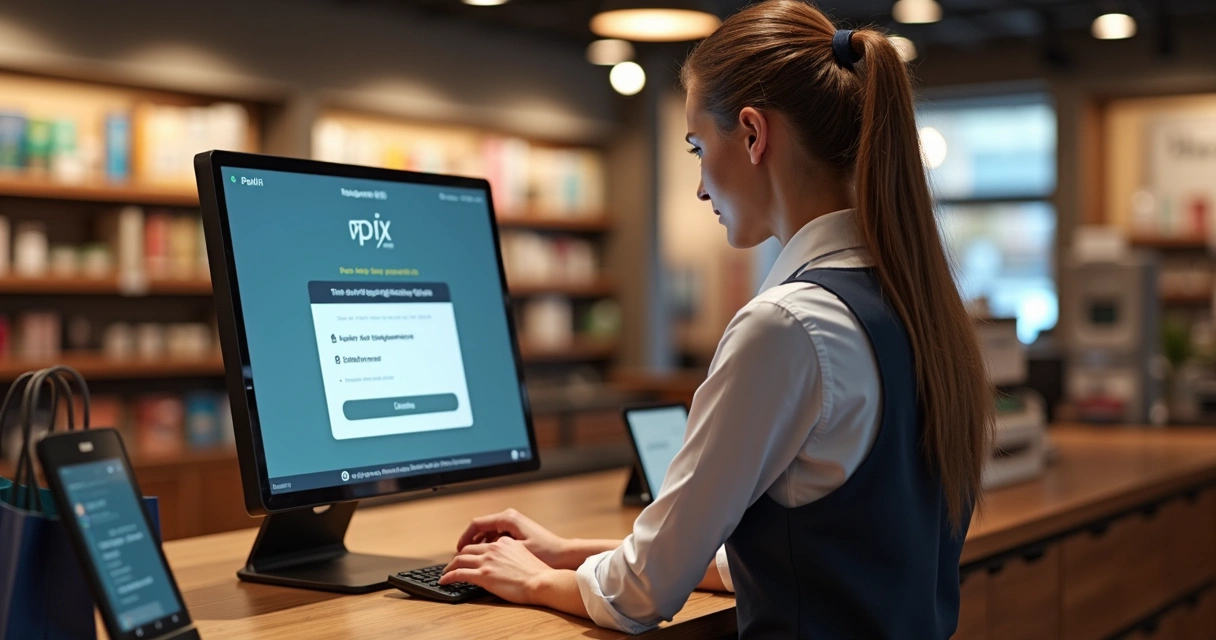 Caixa de loja conferindo pagamento Pix em computador 