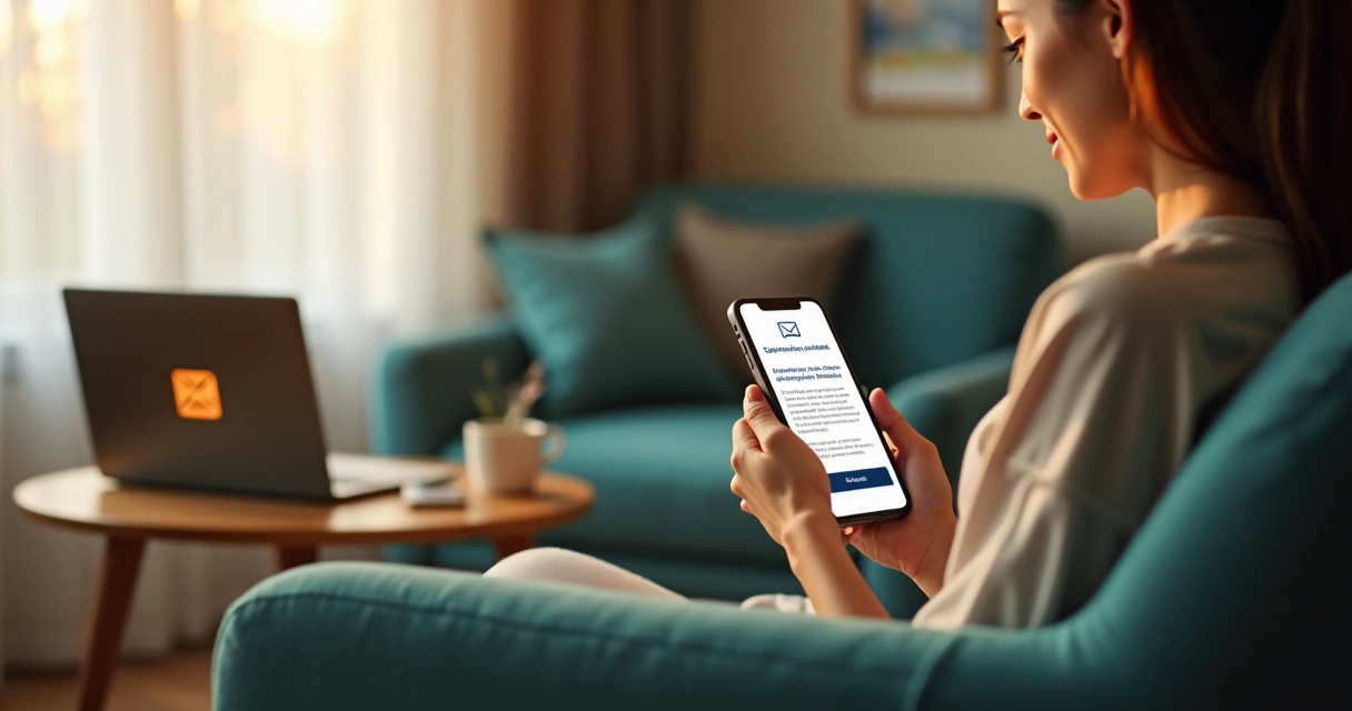 Mulher verifica mensagem de confirmação de inscrição no smartphone em ambiente aconchegante 