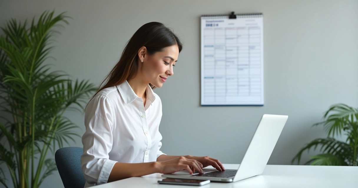 Telão com agenda de compromissos e vendedor conferindo horário em notebook 