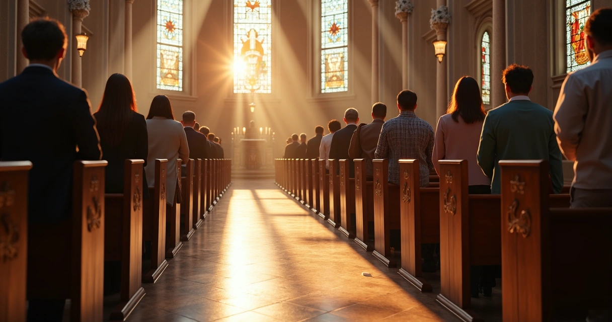 Fila de fiéis aguardando confissão durante a Semana Santa em igreja. 