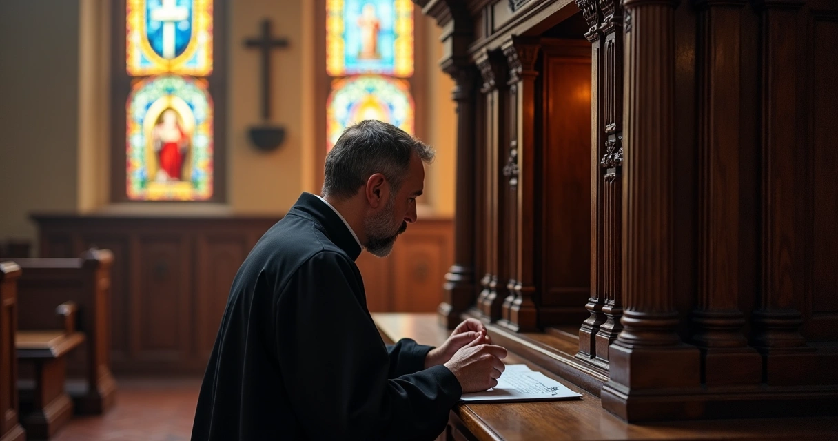 Sacerdote de batina ouvindo confissão de fiel em confessional de igreja tradicional 