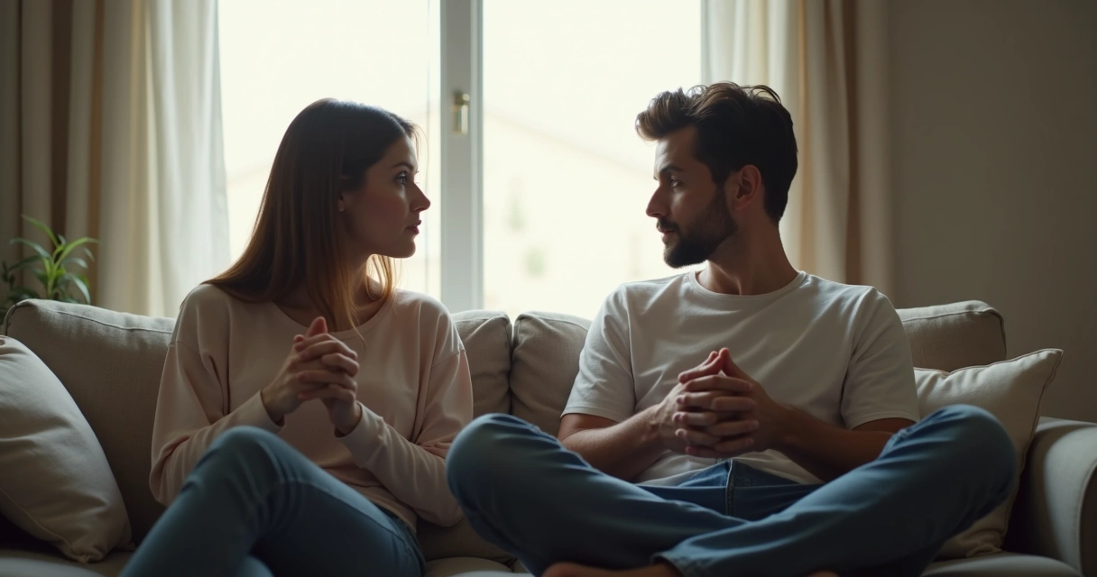 Two people sitting side by side, both looking away in silence 